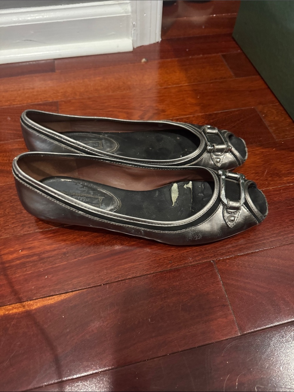 Women’s Black Peep-Toe Flats with Silver Buckle Accent